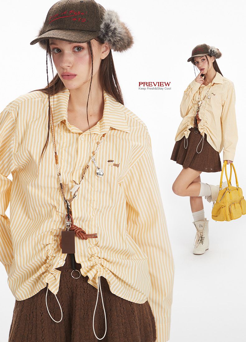 Ropa de mujer Camisa de rayas con volantes para mujer - Blusa extragrande de manga larga con botones_voghion.com