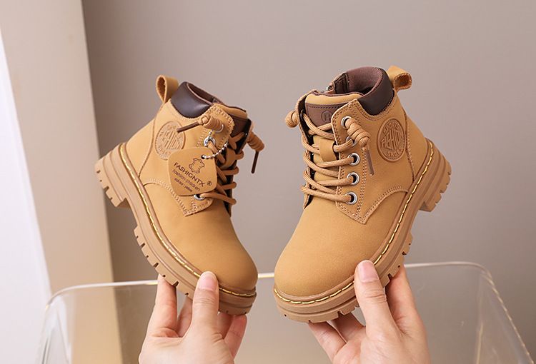 Stiefeletten aus echtem Leder für Kinder – modische Unisex-Stiefeletten mit dicker Sohle für Jungen und Mädchen (Gelb, Pink, Khaki)_voghion.com