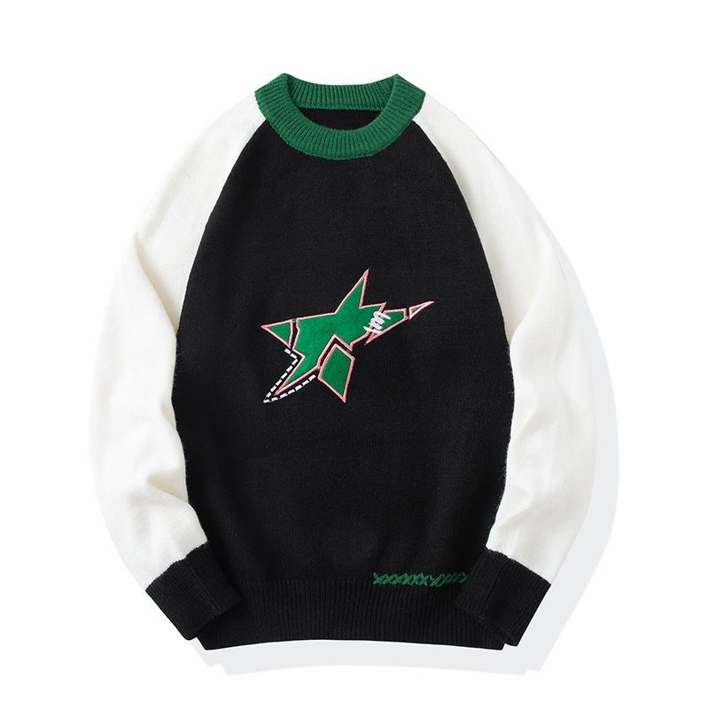Sweater men's autumn and winter new style American jacquard contrasting color loose casual round neck couple's Korean_voghion.com