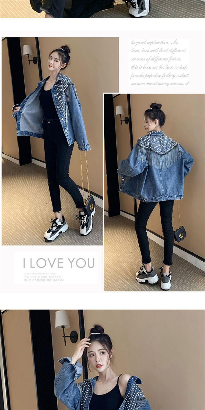 Chaqueta vaquera con remaches tachonados a mano para mujer, abrigo corto con borlas, chaqueta vaquera a la moda, abrigos negros Rock, novedad de primavera y otoño de 2023_voghion.com