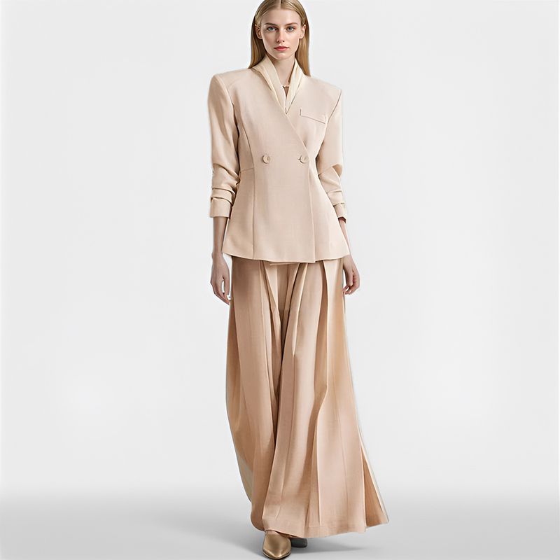 GraceChic Elegantes zweireihiges Blazer-Set mit V-Ausschnitt und elastischem Bund sowie weitem, plissiertem Rock und Hose – zweiteilig_voghion.com