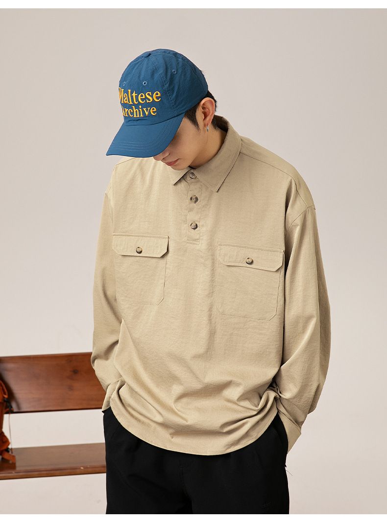 Vintage-Inspired Half Button Down Shirt, Oversized Casual Long Sleeve Shirt With Flap Pockets, Spring Layering Essential_voghion.com