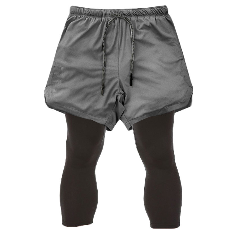 Muscle Fitness Brother Men's Summer Sports Running Fake Two Pieces Double Layer Mesh 7/4 Speed Drying Shorts Light Plate_voghion.com