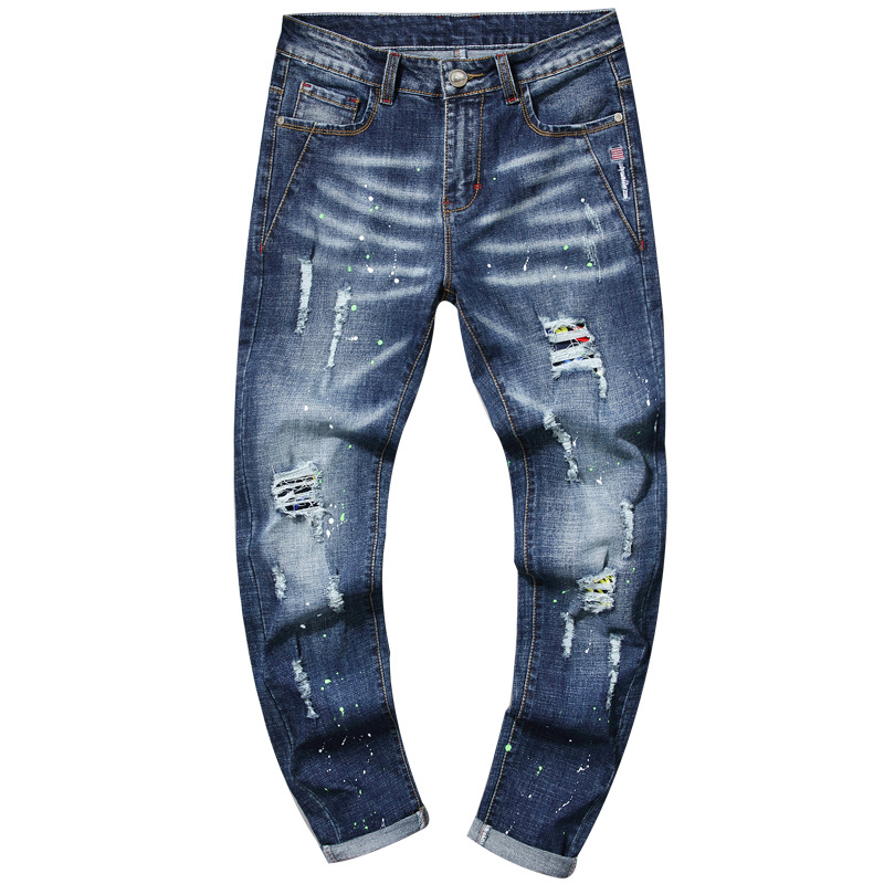 Men's Slim Fit Stretch Jeans – Distressed Embroidered Straight-Leg Denim Pants With Paint Splatter & Patchwork (28-38)_voghion.com