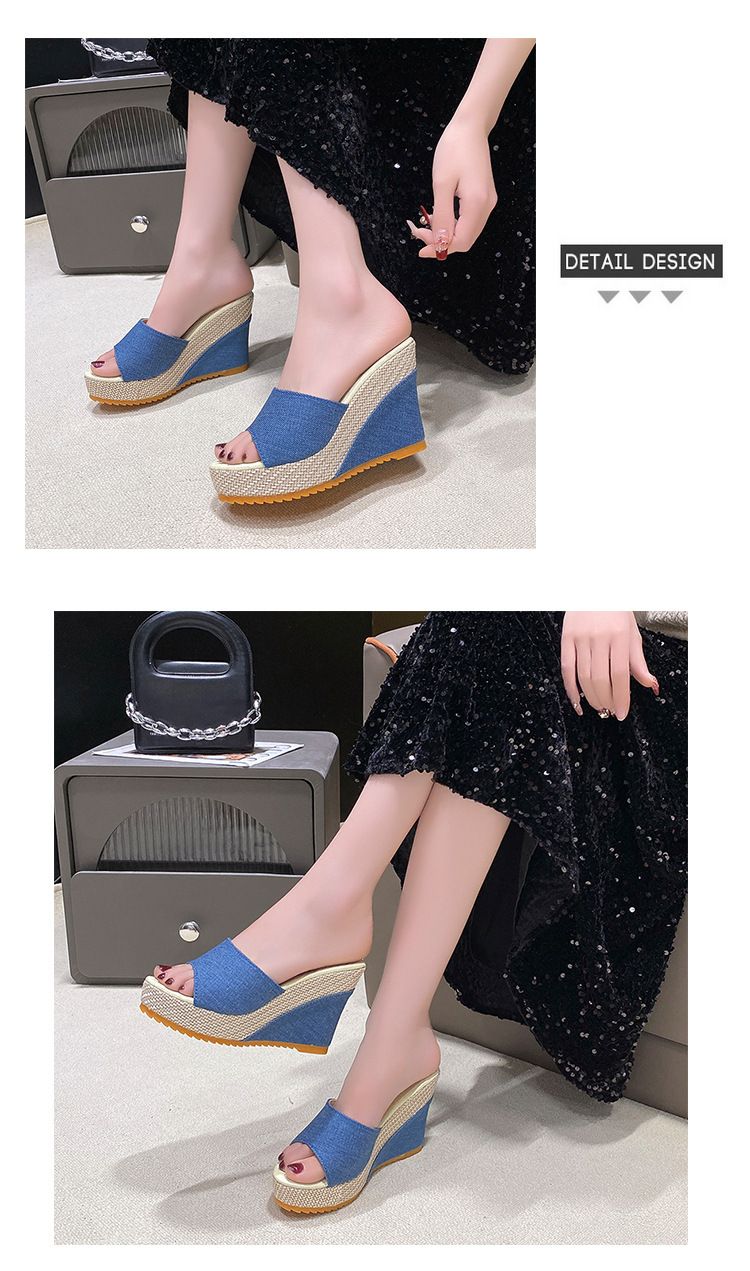 Pantofi de damă Sandale noi cu toc cu pană pentru femei Papuci cu talpă groasă cu floare de prun cu o linie pentru femei Papuci cu pană pentru femei_voghion.com