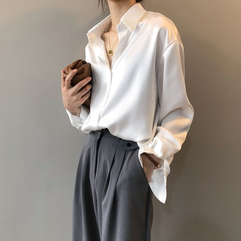 2025 Women's New Spring And Autumn White Shirt, Unique Design, Draped Top, Silk Satin Blouse_voghion.com