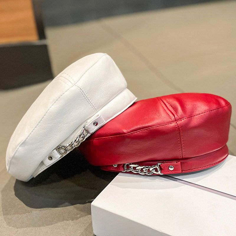 Hot Rea Kvinnor 2024 Vinter Pu Läder Kedja Barette Målare Basker Kepsar för Dam Flickor Hattar Trendig Hatt Elegant Basker_voghion.com