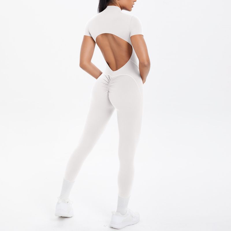 Combinaison de sport rembourrée à manches courtes et col ouvert, avec fermeture éclair et dos nu, idéale pour le yoga et le fitness_voghion.com