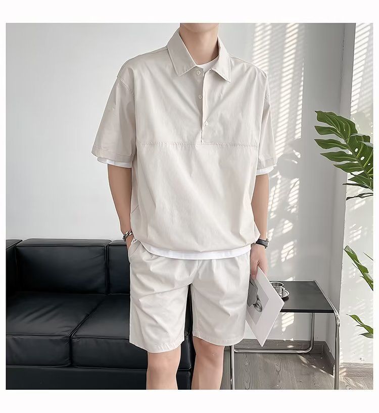 Pantaloncini estivi a maniche corte da uomo, versione coreana, casual, versatili, larghi, in due pezzi_voghion.com