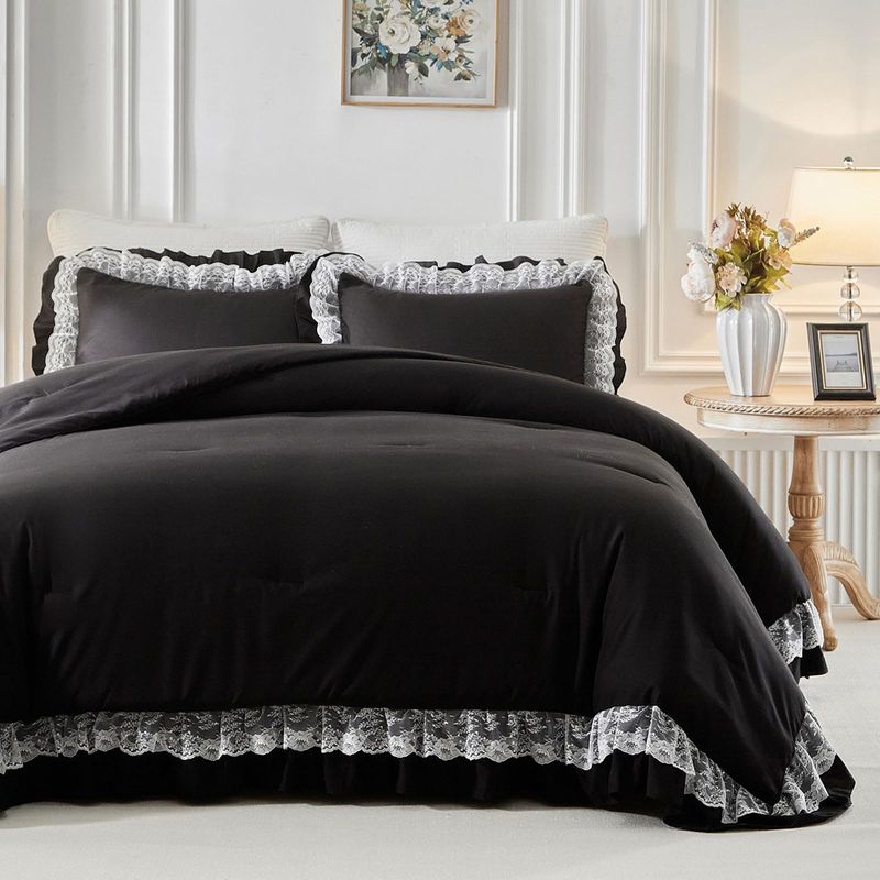 Black Lace Trim Bedding Set - Fluffy Polyester Quilted Comforter With Duvet Cover & Pillowcases - Elegant & Romantic Home Decor_voghion.com