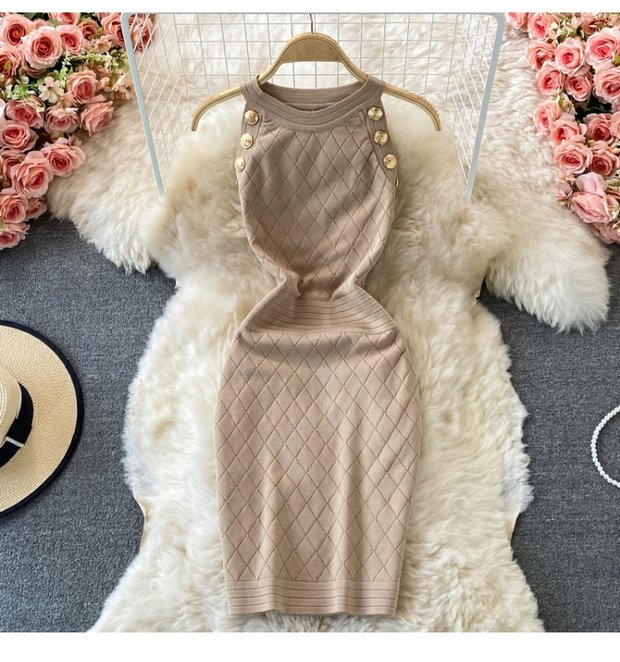 Damen Rundhals Ärmelloses Strick Neckholder Off-Shoulder Kleid Sexy Hüftbetontes Kurzrockkleid_voghion.com