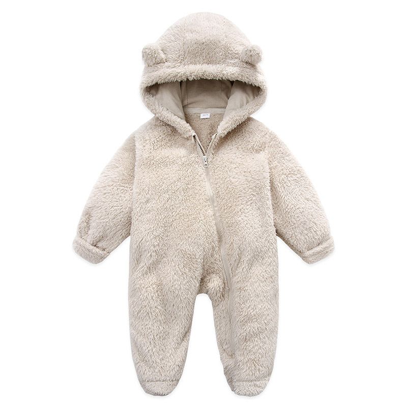 Soft Fleece Hooded Baby Jumpsuit With Mittens - Unisex Cartoon Style Infant Romper For Newborns - Cozy Zipper Closure, Long Sleeve, Neutral Colors_voghion.com