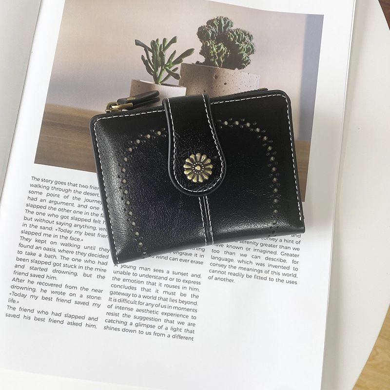 Pochette en cuir huilé pour femme, style rétro, court, fermeture éclair, porte-monnaie, porte-cartes, multifonction_voghion.com