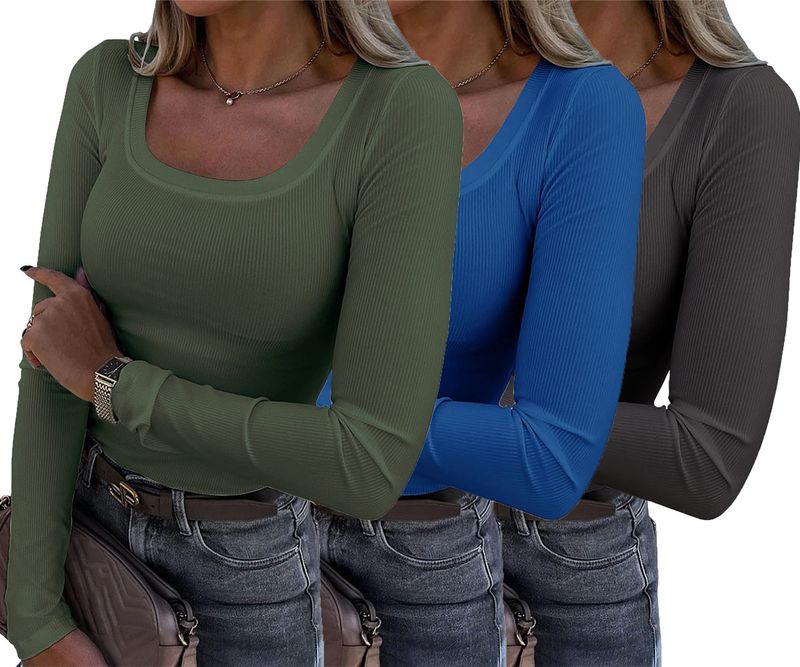 Women's Clothing Long Sleeved Slim Elastic Round Neck Ribbed T Shirt Casual Basic Tops_voghion.com