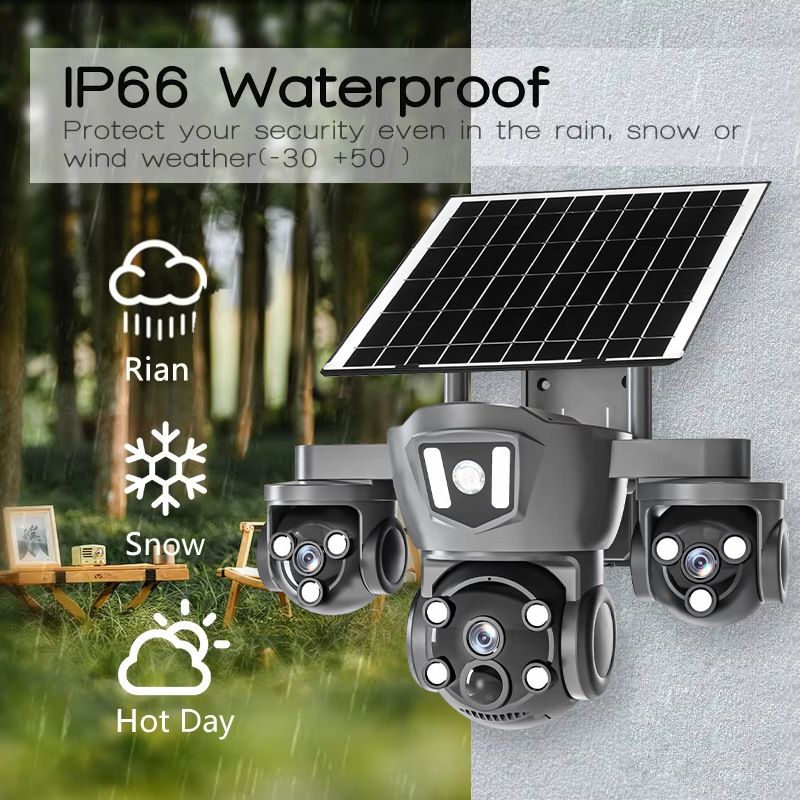 Câmera de segurança PTZ de 4 lentes alimentada por energia solar - WiFi/4G externo, Ultra HD, sem necessidade de fiação_voghion.com