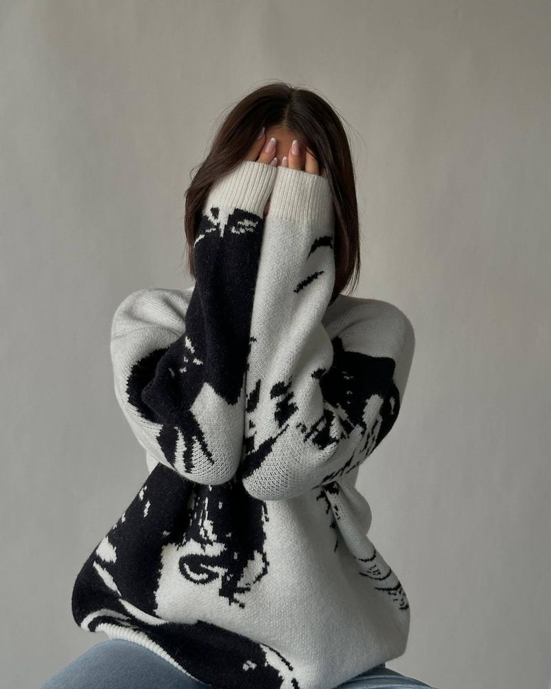 Pull ample – Tricot jacquard Portrait, décontracté et confortable (M/L/XL, blanc, essentiel automne et hiver)_voghion.com