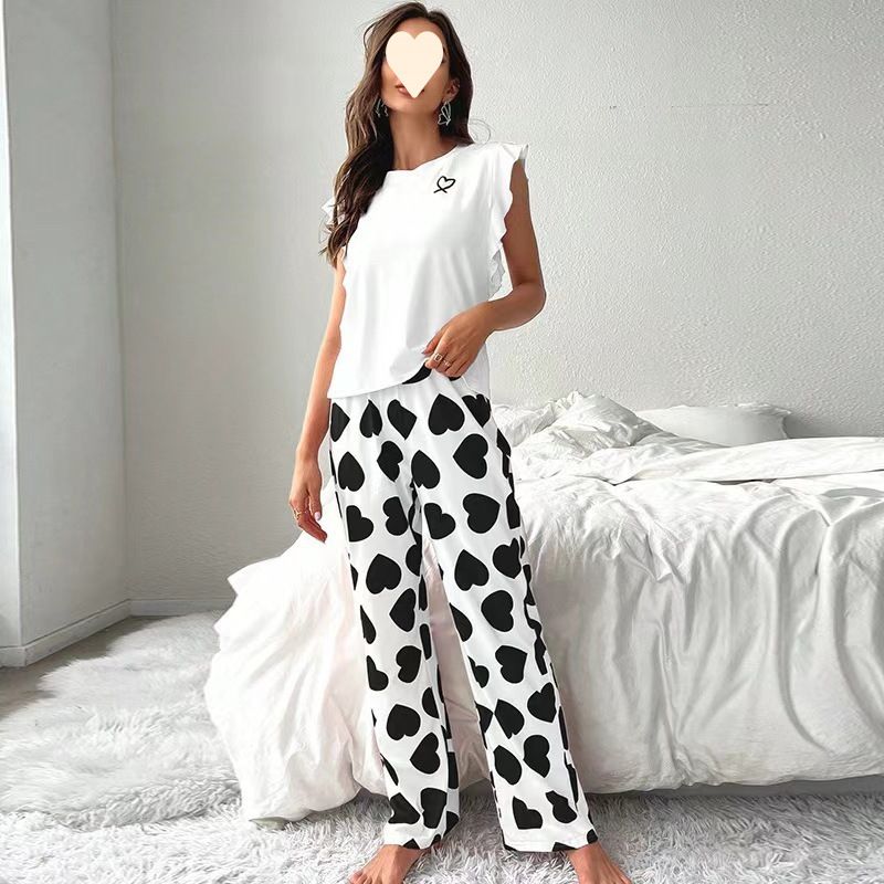 Pyjama-Set mit Oberteil mit kleinen Flatterärmeln und langer Hose mit Herz-Print, zweiteiliger lässiger Sommerpyjama_voghion.com