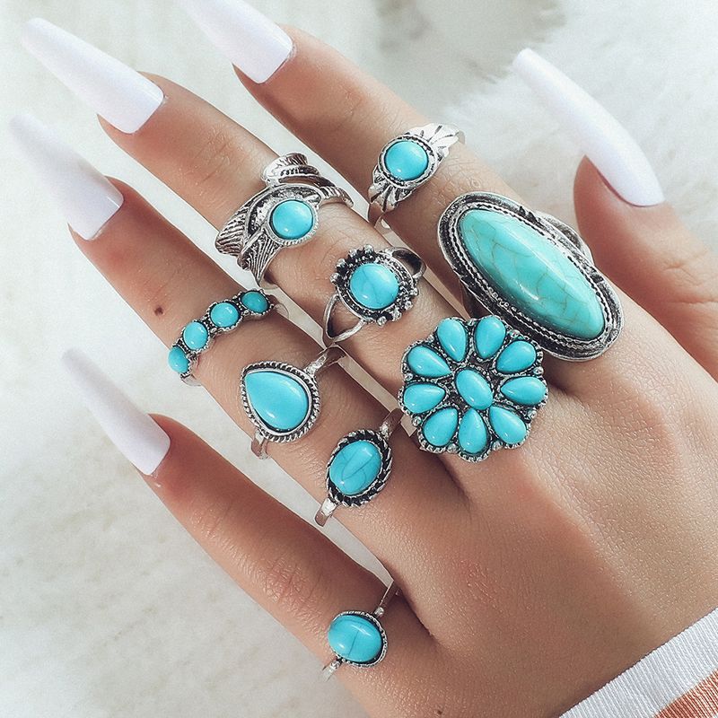 Neues böhmisches 9-teiliges Ringset mit Federn und Türkis_voghion.com