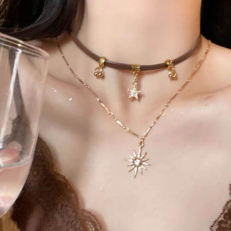Solstjärnehalsband med dubbla lager för kvinnor, enkelt och utsökt, unika accessoarer, halsbandskedja, mångsidig, personlig,_voghion.com