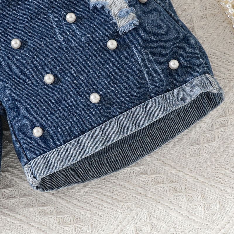 Meisjesmode veelzijdige effen kleur kant camisole vest + gescheurde denim shorts riem driedelige set_voghion.com