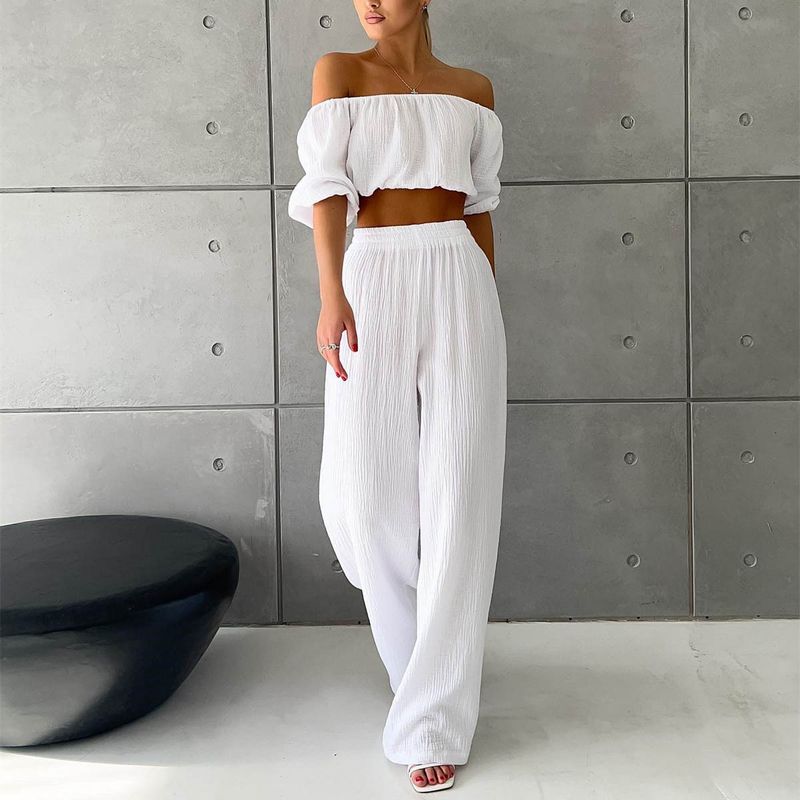Damen-Knitterstoff aus reiner Baumwolle, einfarbig, kurzärmliges Oberteil mit Kragen, Hose mit hoher Taille und weitem Bein, lässiger Anzug_voghion.com