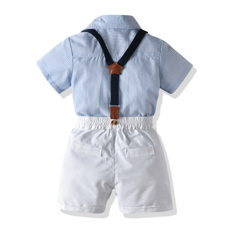 Vestiti per bambini I reggicalze con colletto della camicia a righe a maniche corte da ragazzo mostrano un completo estivo da uomo in quattro pezzi_voghion.com