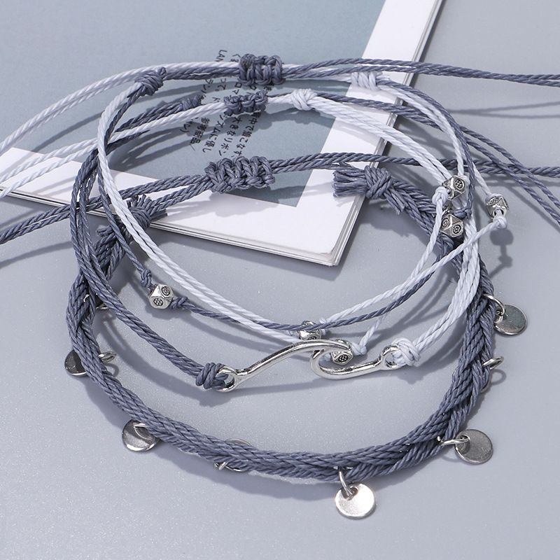 New Bohemian Vacation Style Summer Wax Thread Braided Wave Anklet Set_voghion.com