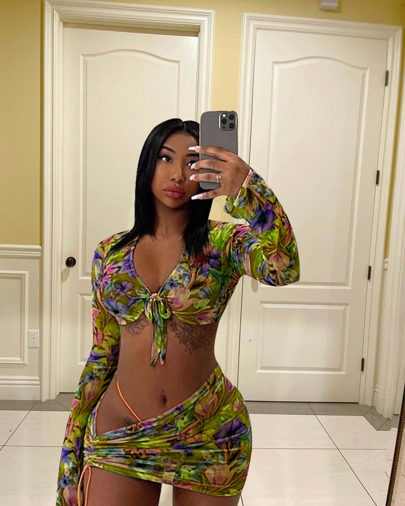 L5225 Sexy Damen Outfit Crop Top Langarm Unregelmäßiger Kordelzug Minirock Dreiteiliges Set_voghion.com