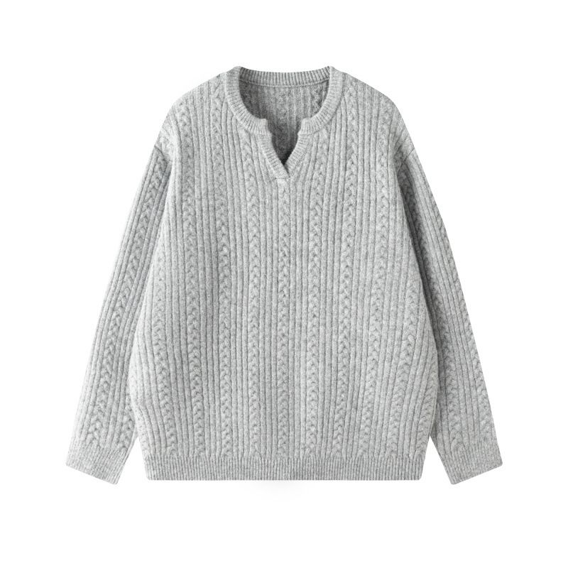 Men's Twisted Knit V-Neck Sweater Style Casual Pullover With Loose Fit, Solid Color For Autumn & Winter_voghion.com