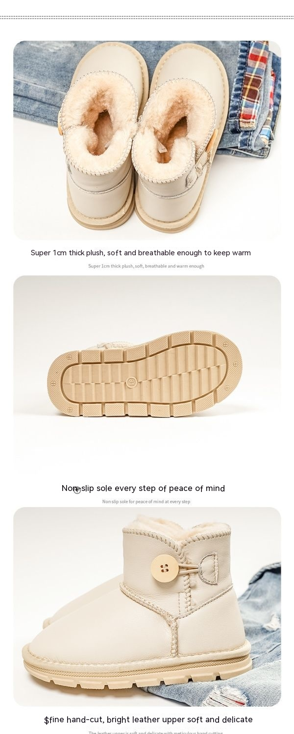 Bottes de neige imperméables en cuir de vache pour enfants, courtes, chaudes, avec peluche et gros coton épais, pour filles, nouvelle collection hiver 2023_voghion.com