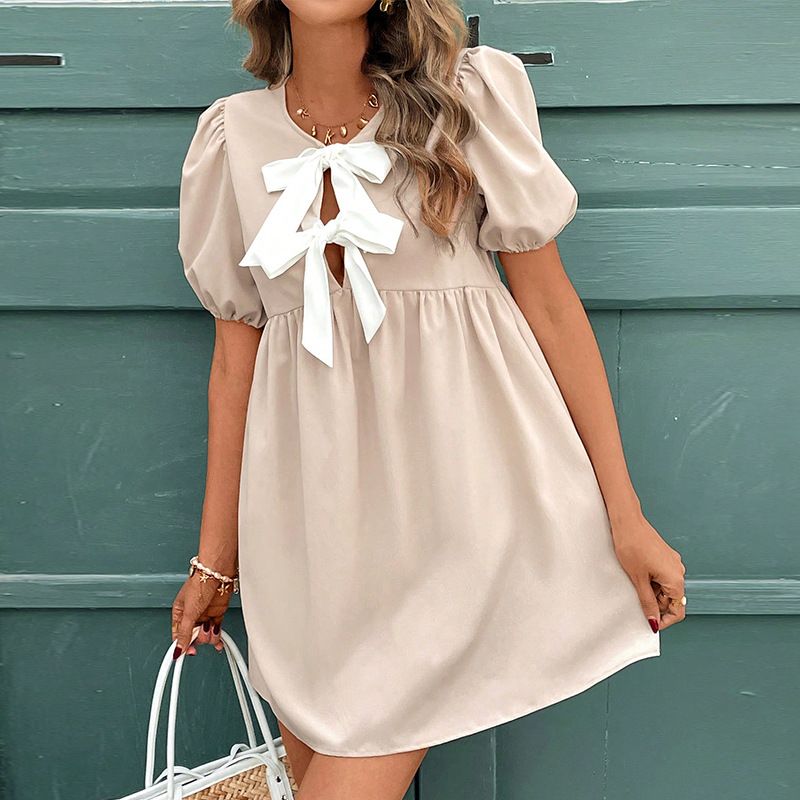 2025 Summer New Short Sleeved Dress Design With Bow Collar And Bag Sleeve A-Line Skirt For Women_voghion.com