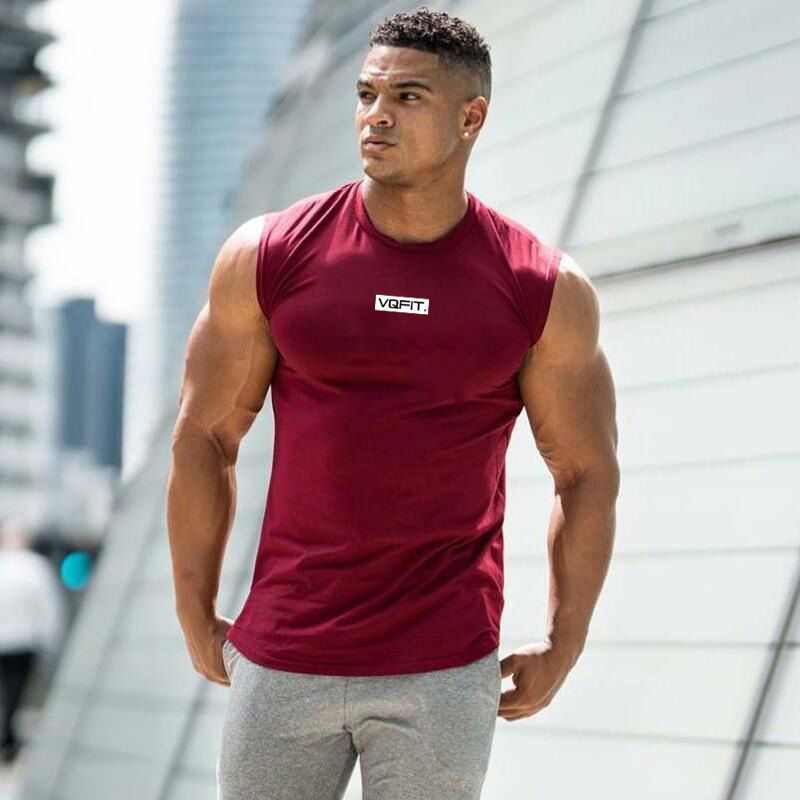 VQFIT Bedrucktes ärmelloses Sommer-Sport-T-Shirt für Herren, Fitness-Tanktop aus reiner Baumwolle, Lauf-Trainings-Top_voghion.com