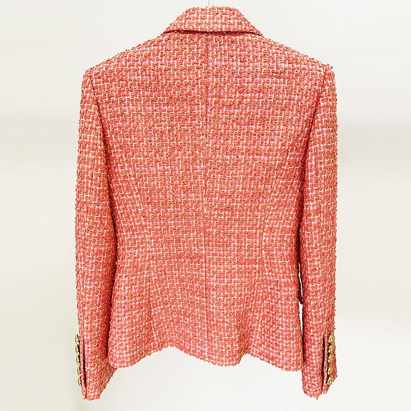 Blazer doppiopetto in tweed con bottoni a testa di leone - Giacca slim fit in stile britannico per donna, in rosso rosa_voghion.com