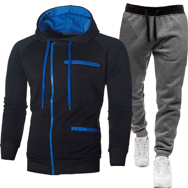 Nuevo conjunto de sudadera con capucha y chaqueta y pantalones deportivos de color sólido con cremallera informal para hombre_voghion.com