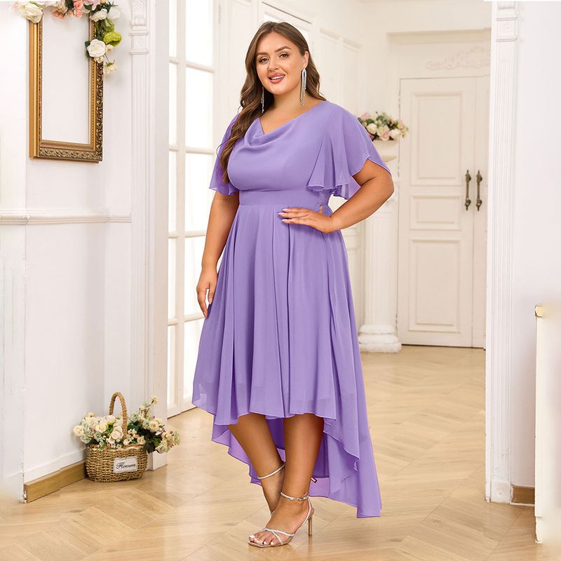 2025 Iwwerlappend Lotusblatärmelen, Récksaum, Olivfërmeg Virderkant, Kuerz Réck, Laang Chiffon Plus Size Damenkleeder,_voghion.com