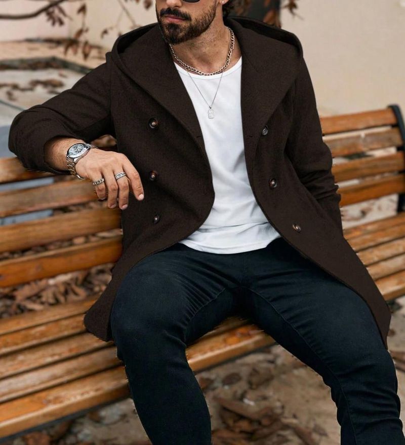 Trench lungo da uomo con cappuccio, doppiopetto, soprabito casual antivento in misto poliestere, capospalla autunnale e invernale per streetwear e pendolarismo_voghion.com