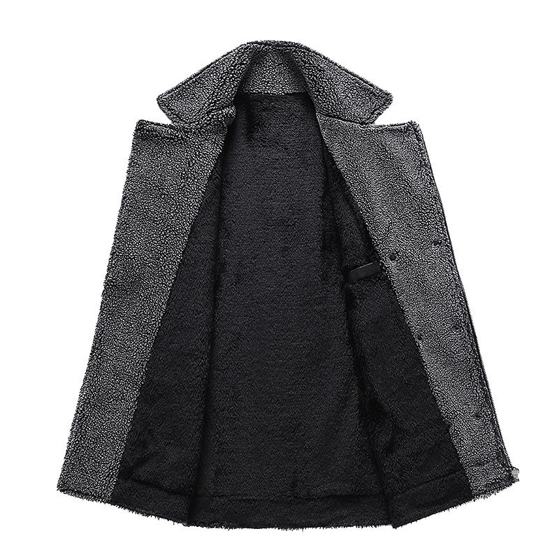 Col rabattu noir ourlet droit décontracté simple boutonnage poche latérale sans capuche, fourrure d'hiver pour jeunes hommes_voghion.com