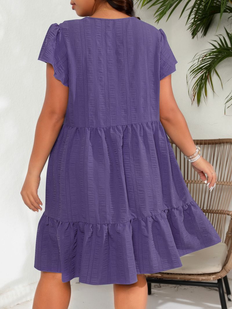 Women's Clothing Large Size Round Neck Lotus Leaf Sleeve Waist Holiday Leisure Temperament Dress_voghion.com