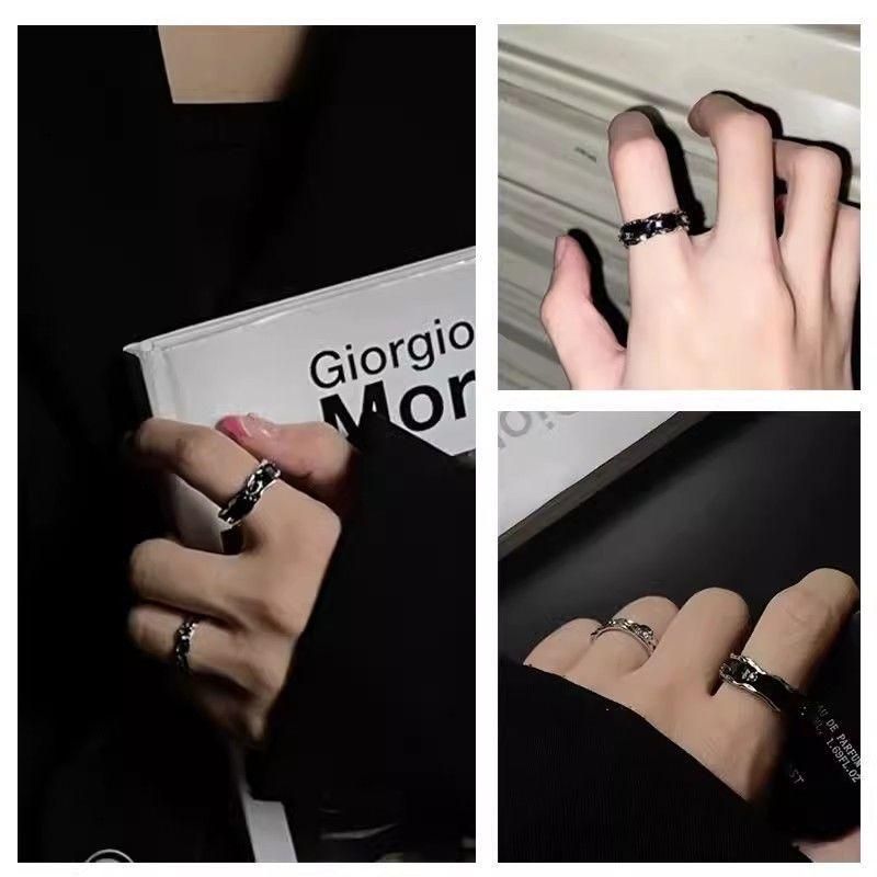 Wang Hedi Same Style For Men Black Rhinestone Trendy Open Adjustable High-end Index Finger Ring_voghion.com