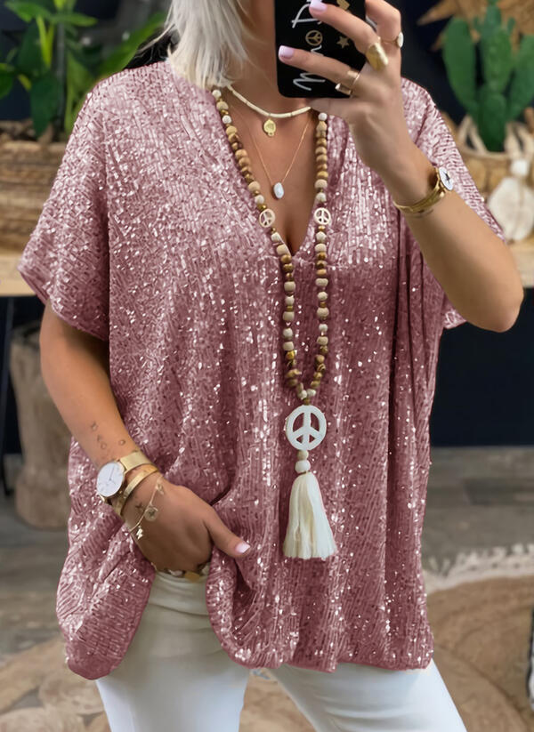 Summer Short Sleeve Urban Casual Solid Color Loose Pullover Sequin T-Shirt for Women_voghion.com