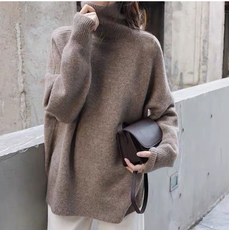 Dammekleeder einfarweg Pullover Hierscht a Wanter nei locker gestrickt Hemd mat héijem Kraang_voghion.com
