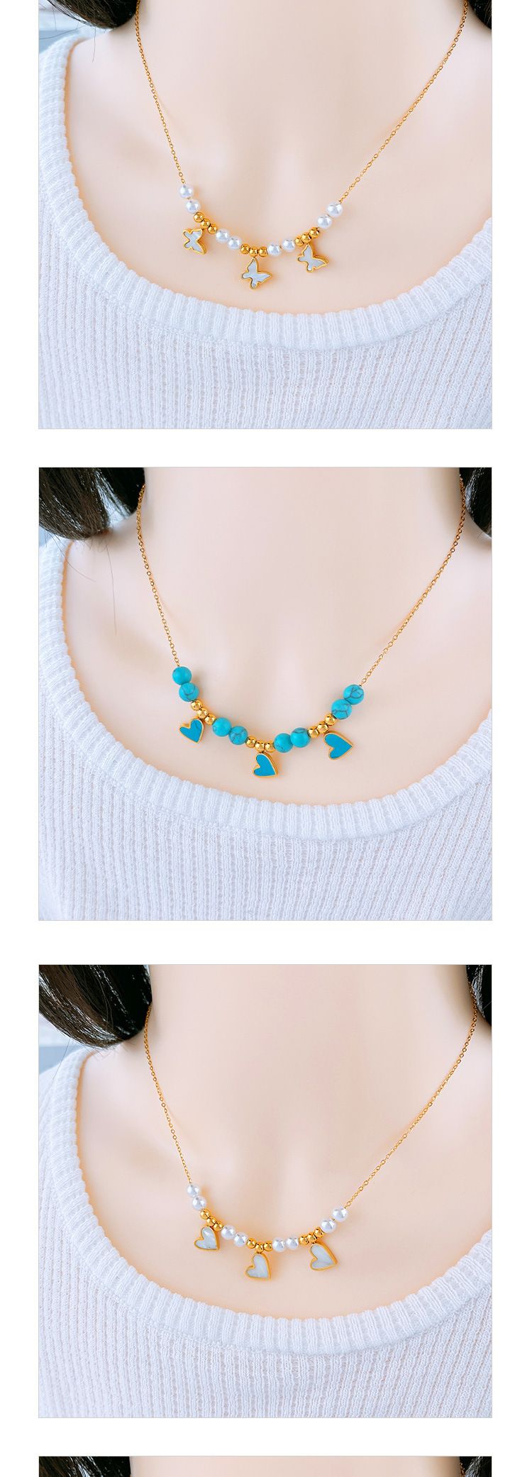 Collana personalizzata in acciaio al titanio turchese esagerato retrò, ciondolo a forma di conchiglia, stella, farfalla, occhi rotondi, catena a forma di cuore_voghion.com