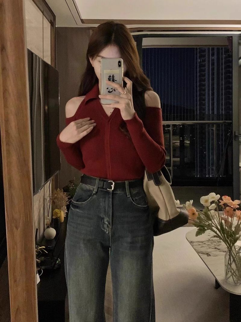 Hong Kong style red top for women in autumn winter, with niche design, featuring a lapel collar, long sleeves, and off_voghion.com