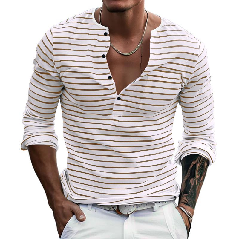 Maglietta Henley versatile a maniche lunghe, vestibilità slim, modello Yama, in tessuto perlato, a righe orizzontali, da uomo, autunno e inverno_voghion.com