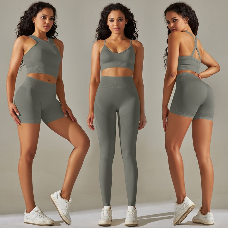 New Seamless Back Cross Shoulder Sports Tank Top Bra Set Running Fiess Yoga Pants_voghion.com