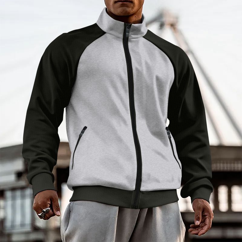 Herrenbekleidung Neue Herbst-Winter-Herrenjacke mit Waffelmuster, Farbblock-Reißverschluss, langen Ärmeln, Stehkragen und äußerem Sweatshirt_voghion.com