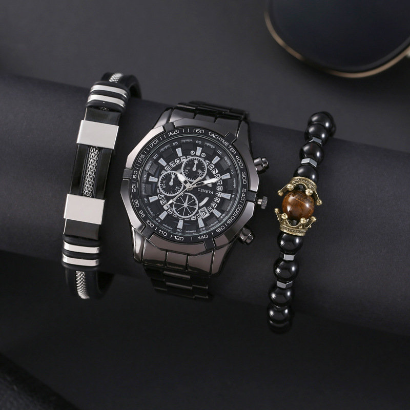 Men's Watches Non Mechanical Watch Set Men's Fashion Casual Steel Band Quartz Watch + Versatile Bracelet 3pcs/set_voghion.com