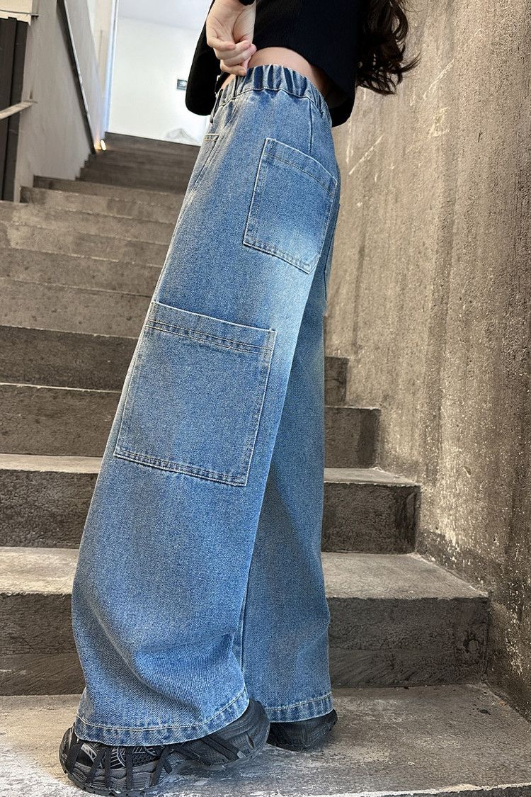 Salopette in denim per mamma e bambini, per bambini e bambine, casual, stile streetwear, con elastico in vita (120-170 cm) - Blu classico_voghion.com