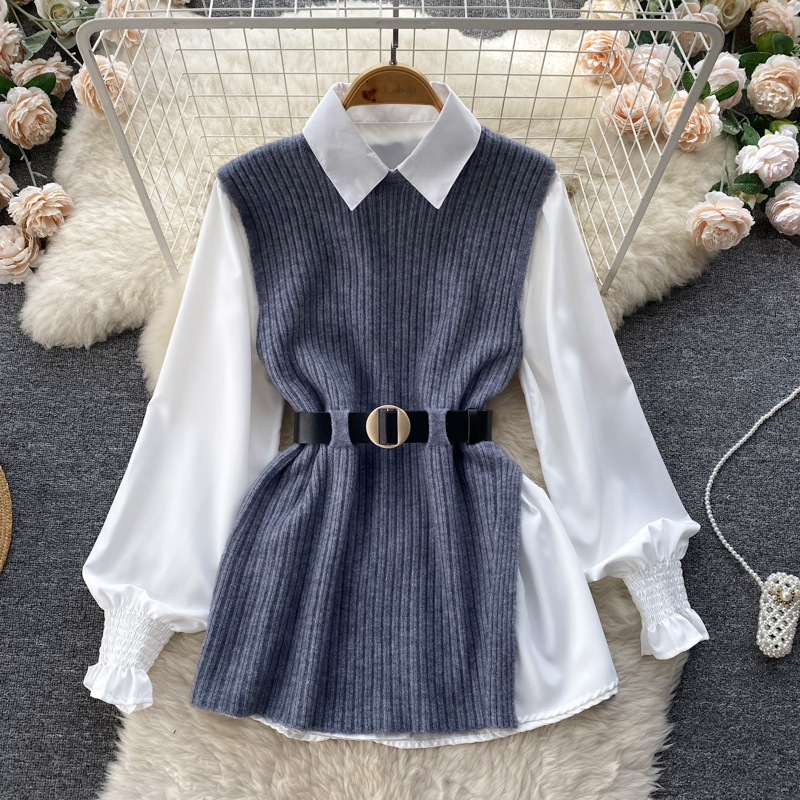 Set de două piese pentru femei, cămașă albă cu mâneci lungi și vestă din tricot despicat_voghion.com