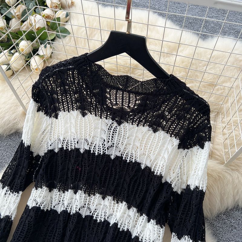 Women's Clothing Lazy Style Leisure Suit For Women High Grade Hollow Hook Flower Color Matching Knitted Top High Waist Skirt_voghion.com